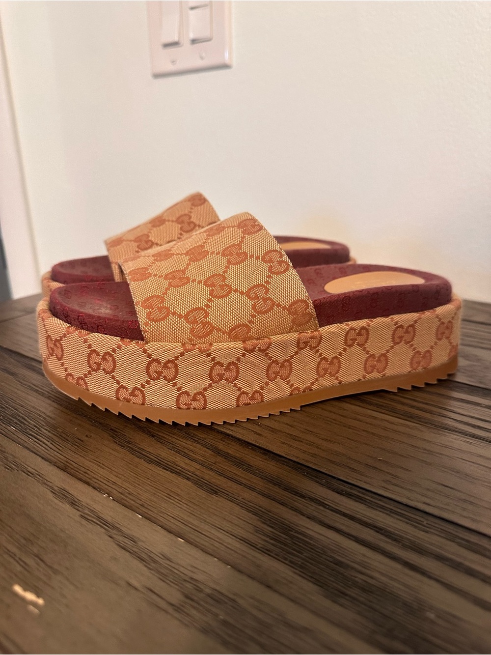 Gucci Beige Monogram Platform Slides with Burgundy Footbed